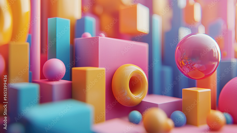 Poster a vibrant 4k 3d background features colorful geometric shapes arranged in a realistic and captivatin