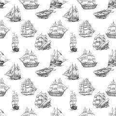 Seamless vector pattern featuring a variety of ships in detailed, clean line art. Perfect for nautical-themed designs, fabrics, packaging, and wallpapers.