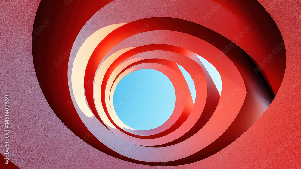 Poster a realistic 4k 3d circular tunnel background visual in red hues shows a mesmerizing side angle persp