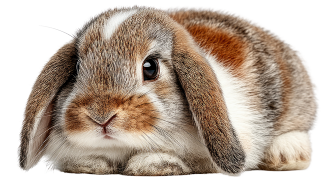 Cuteness of Lop-Eared Bunny: A close-up shot showcases an adorable lop-eared bunny, displaying its gentle, innocent features and fluffy, soft fur in a studio setting.