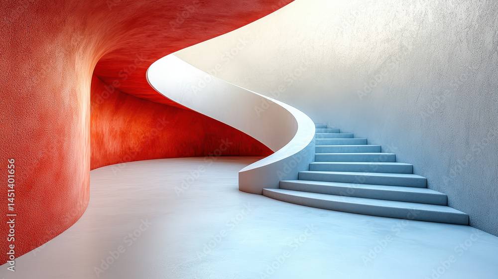Poster captivating 4k 3d background design showing a realistic, curving white staircase transitioning from 