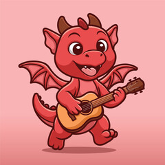Cute Red Dragon Playing Guitar