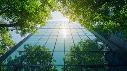 Green glass building with sunlight and tree background, sustainable architecture concept