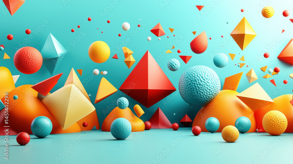 Poster vibrant 3d shapes create a dynamic background in realistic 4k, showcasing bold geometry from a side 