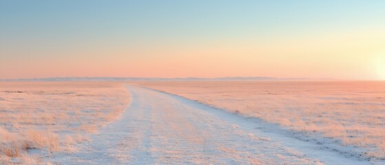 Pink And Orange Sunset Over Snowy Flat Landscape