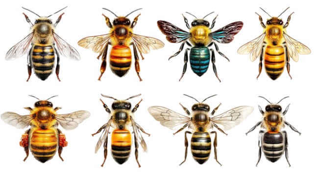 Diverse Bee Spectacle: A captivating array of bee specimens is artfully presented, showcasing the intricate beauty and variation within these essential pollinators.