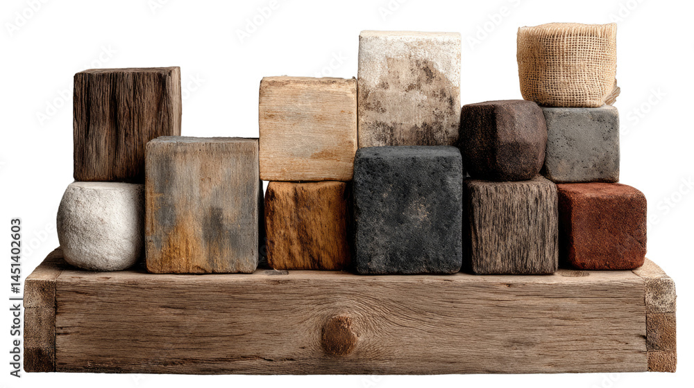 Poster architectural cube blocks on wooden plank: various cube-shaped building blocks crafted from natural 