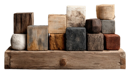 Naklejka premium Architectural Cube Blocks on Wooden Plank: Various cube-shaped building blocks crafted from natural materials, arranged on a rustic wooden plank.
