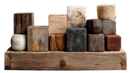 Architectural Cube Blocks on Wooden Plank: Various cube-shaped building blocks crafted from natural materials, arranged on a rustic wooden plank.