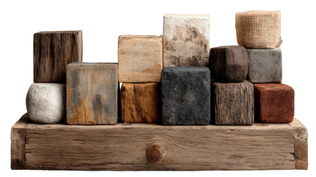 Architectural Cube Blocks on Wooden Plank: Various cube-shaped building blocks crafted from natural materials, arranged on a rustic wooden plank.