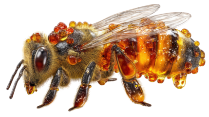 Honeybee Covered in Pollen: A detailed macro photograph of a honeybee completely covered in vibrant, orange pollen grains, showcasing the vital role these insects play in plant pollination.