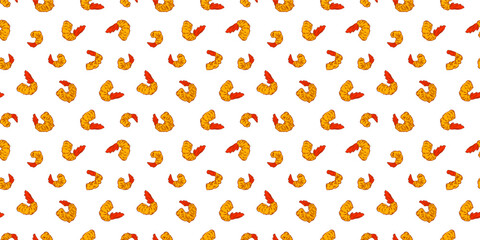 Tempura Shrimp Pattern background. Fried Shrimp doodle illustration Background. Seafood Pattern Design. Crunchy Tempura Pattern.