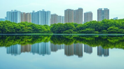 Fototapeta premium Serene cityscape reflection over tranquil lake blending nature and architecture