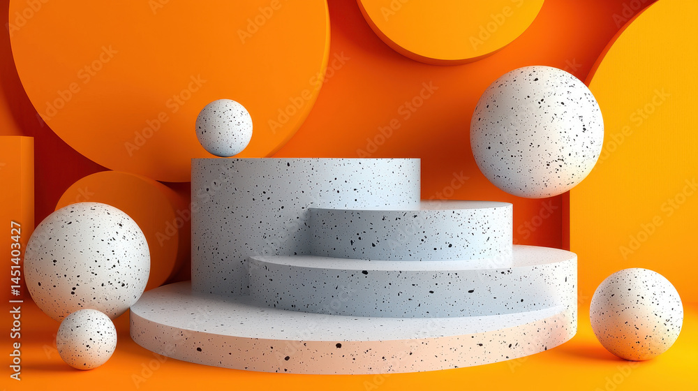 Poster a bold and realistic 3d background showcases a side angle view of white platforms with floating sphe