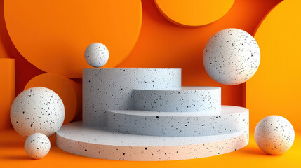 A bold and realistic 3D background showcases a side angle view of white platforms with floating spheres against a vibrant orange aesthetic in stunning 4K detail.