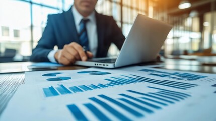 Close-up view of a businessperson working on financial documents.