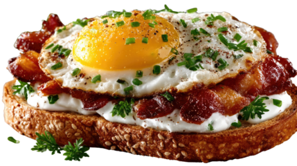 Delectable Breakfast Sandwich: An enticing shot of a golden-yolked egg, crisp bacon, fresh herbs, and creamy cheese all layered upon a toasted slice of bread, ready to tantalize your taste buds. 