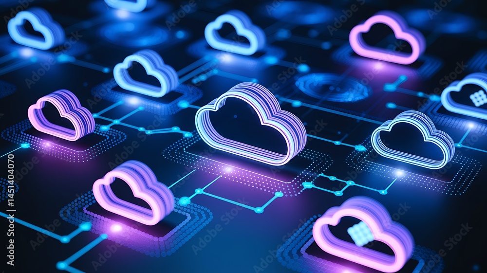 Poster cloud storage icons floating in a digital space, symbolizing data storage, cloud computing, online b