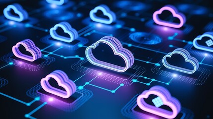 Cloud storage icons floating in a digital space, symbolizing data storage, cloud computing, online backup, virtual storage, and digital security in modern technology.