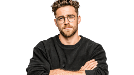 Thoughtful Glance: A close-up portrait of a man with crossed arms, offering a pensive expression and a look of contemplation, his gaze steady and engaging.