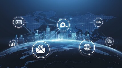 Concept of digital marketing with network connections, symbolizing online strategy, advertising, communication, branding, SEO, and social media in the digital business world.