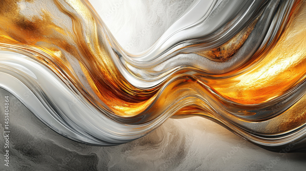 Poster realistic 4k 3d abstract background featu an artistic golden and silver flow viewed from a side angl