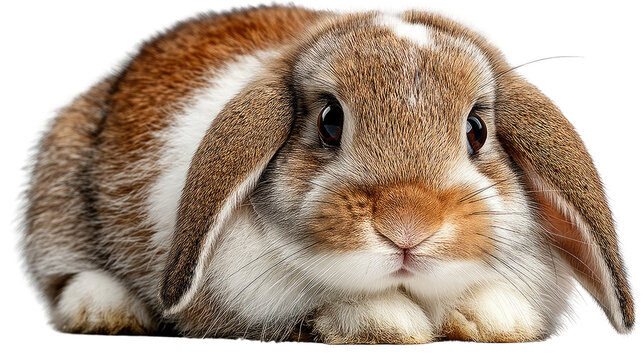 Adorable Lop-eared Rabbit: A close-up shot of an adorable brown and white lop-eared rabbit, its large, expressive eyes captivating the viewer.