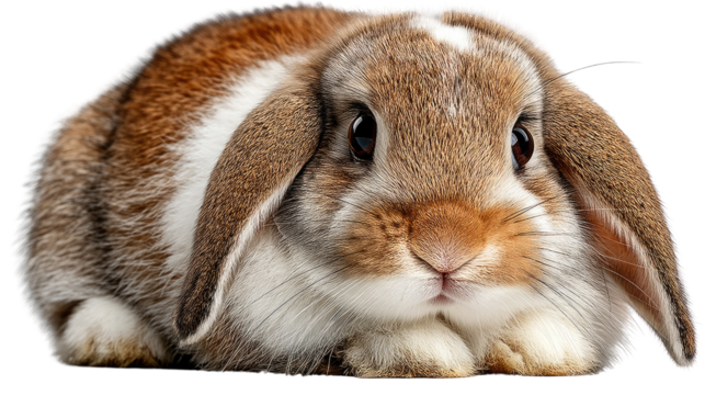 Adorable Lop-eared Rabbit: A close-up shot of an adorable brown and white lop-eared rabbit, its large, expressive eyes captivating the viewer.