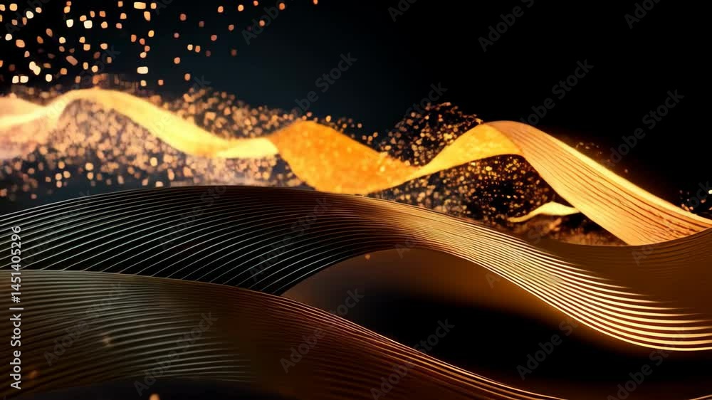 Poster abstract background with flowing golden lines and sparkling particles against a dark backdrop. elega