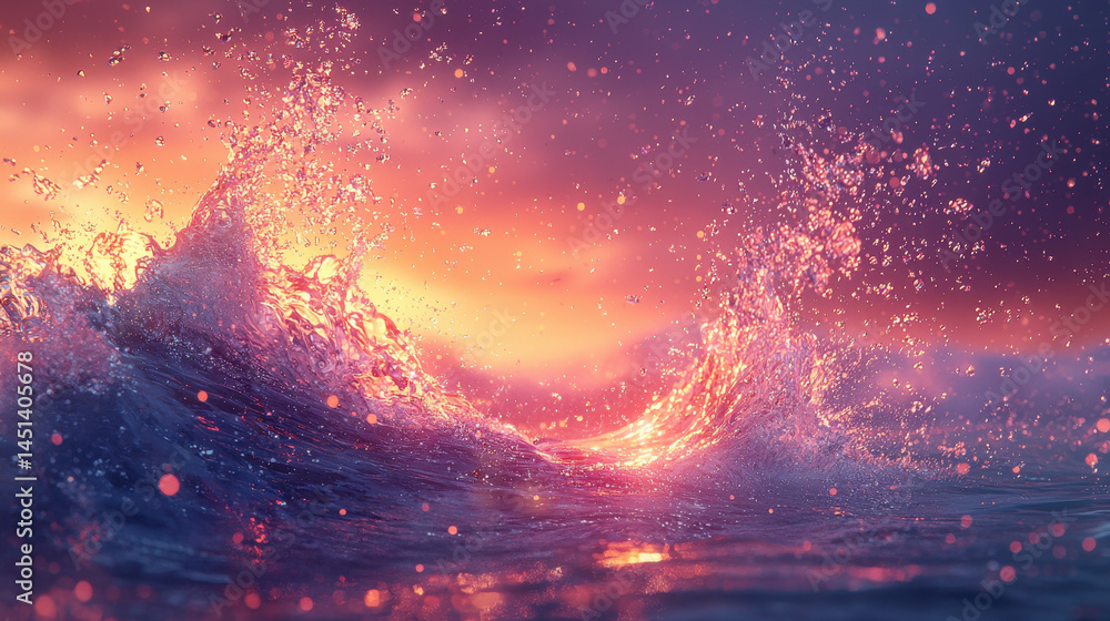 Poster artistic 3d wave dynamically splashes in a realistic 4k rende against a vivid side angle sunset back