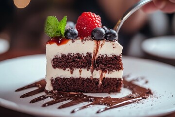 Close-up of creamy chocolate cake being divided by spoon