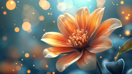 Fototapeta premium Artistic 3D render of a realistic orange flower blooming against a softly blurred teal background in 4K resolution, captured from a graceful side angle perspective.