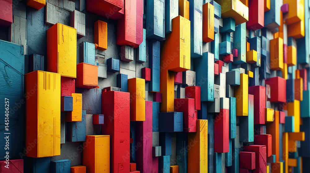 Poster a dynamic 3d background showcases an angular layout of colorful rectangular blocks in a realistic 4k