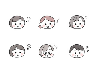 ゆるかわいい手描き風の顔セット／驚く高齢女性