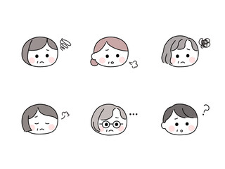 ゆるかわいい手描き風の顔セット／悩む高齢女性
