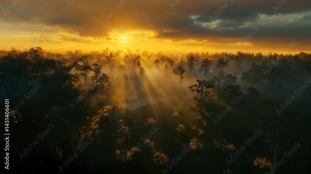 Poster misty forest landscape at sunrise with golden light filtering through trees and a small pond creatin