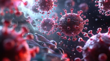Close-up view of virus particles floating in a microscopic environment, showcasing intricate details and textures