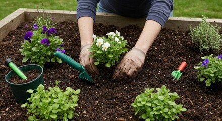 Fototapeta premium Gardening: Planting Flowers in Raised Bed (Photo)