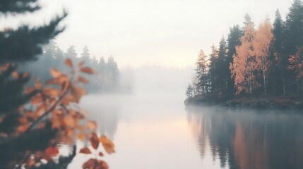 Serene Foggy Lake with Autumnal Forest