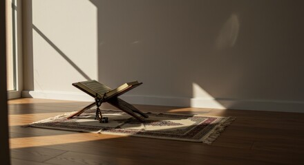 The Quran on a Rehal and prayer mat - Photo