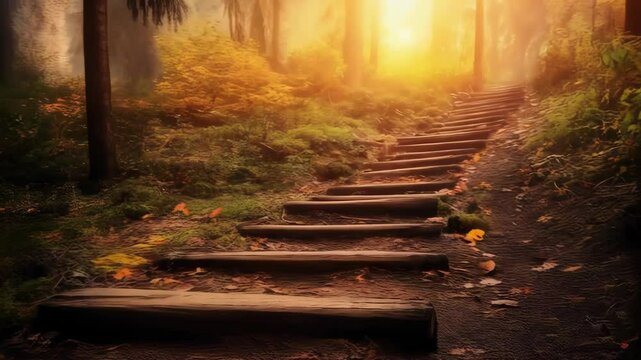 Scenic steps pathway through a forest with warm sunlight filters enhancing the mystical and serene landscape, autumn foliage and vibrant nature
