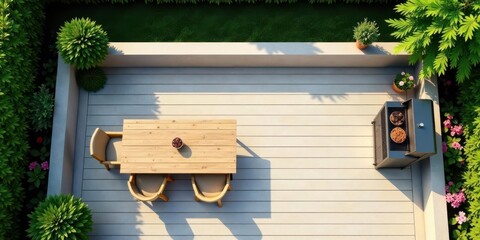 Elevated View of a Serene Outdoor Deck Featuring a Wooden Dining Table, Comfortable Chairs, and a Modern Grill, Perfect for Alfresco Dining and Relaxation