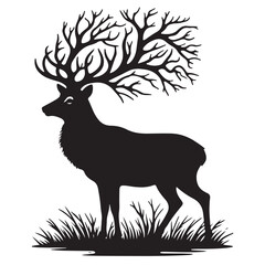 Deer black Silhouette vector art Illustration with white background, animal Silhouette.