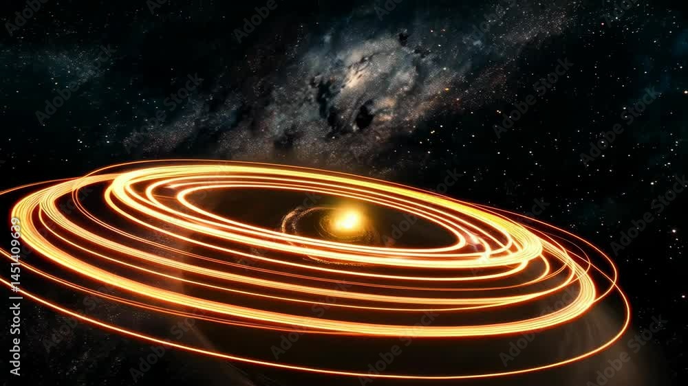 Poster epic view of glowing orbit lines, a glowing sun, and stars in deep outer space, creating a sense of 