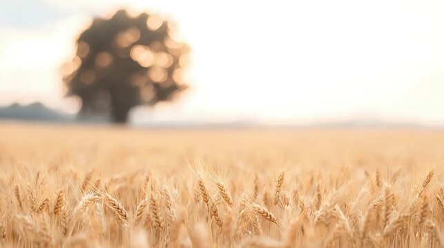 Solitary Tree in Golden Wheat Field Under Cloudy Sky