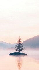 Solitary Tree on Misty Island at Sunrise