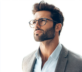Close-up of a man wearing glasses on a white background, a man wearing glasses looks up