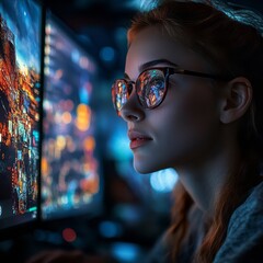 Focused young woman engrossed in digital city display.