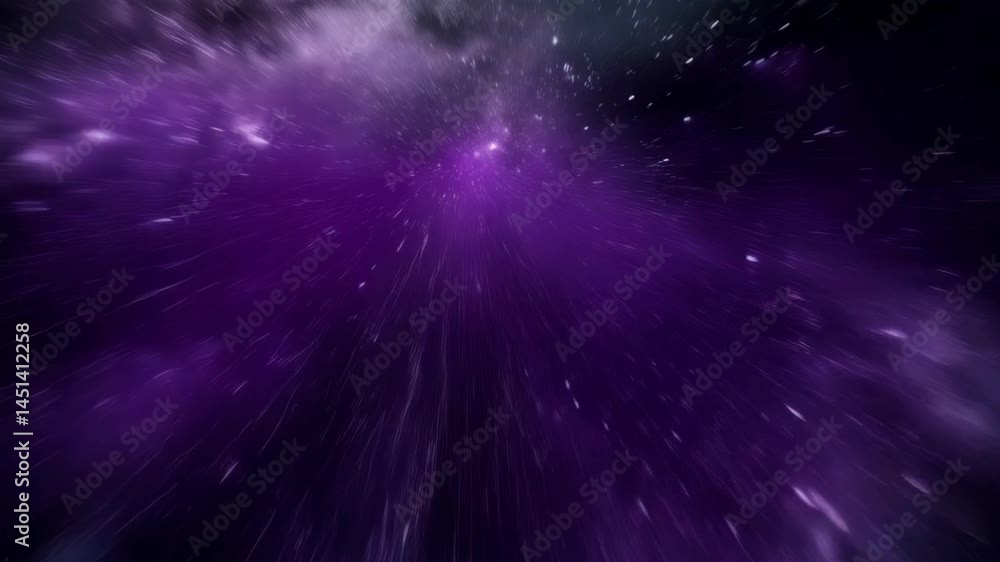 Poster flying through purple nebula and stardust cloudscape in outer space universe simulation, futuristic 