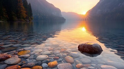 Sunrise over a Crystal Clear Lake with Rocks and Mountains